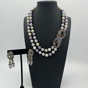 RARE Heidi Daus NWOT Crystal Pearl Peace Sign Necklace & Earring Set | Vintage